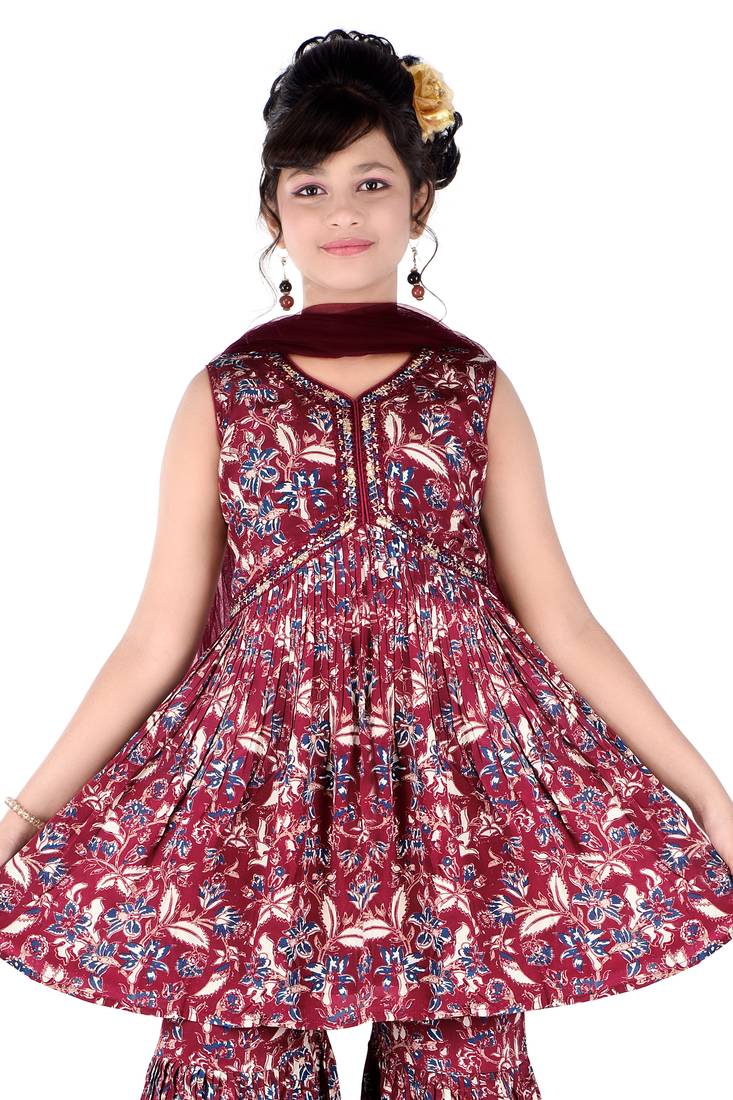 Aura maroon printed alia cut pura crepe kid salwar suit