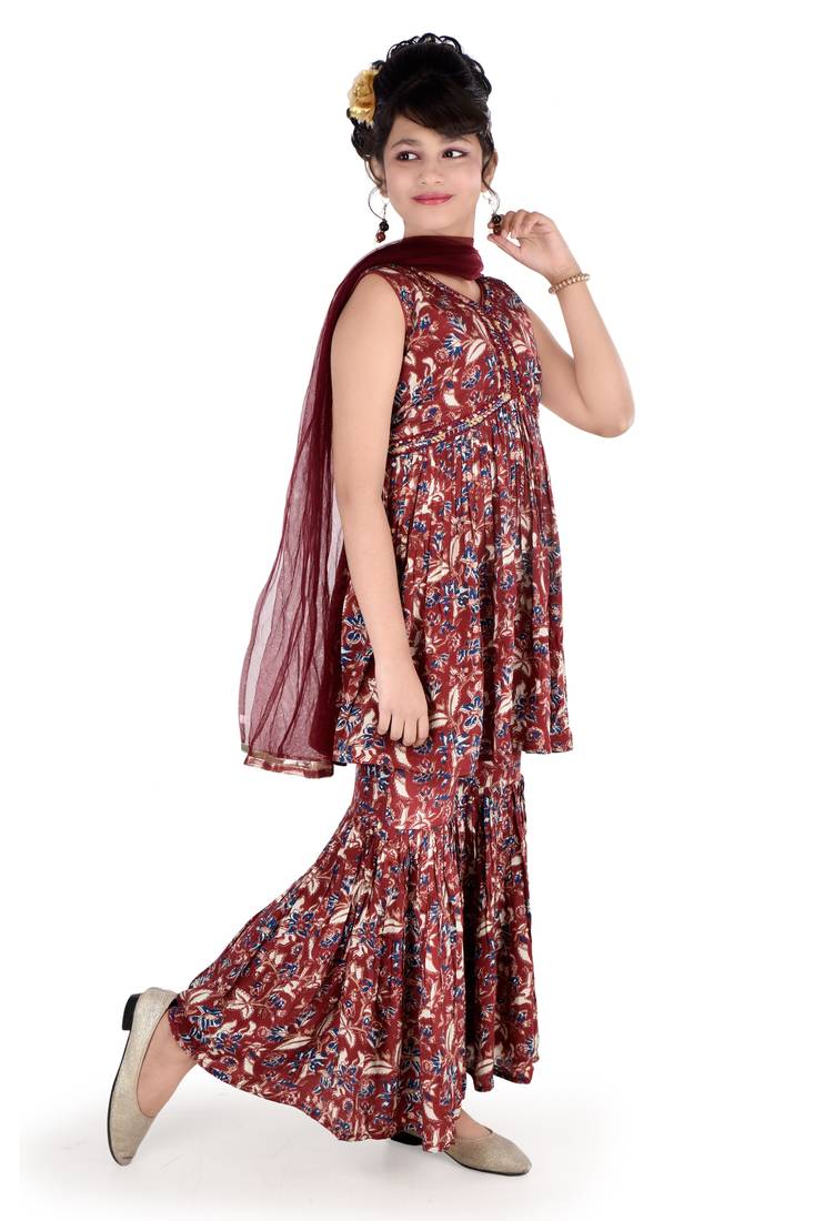 Aura maroon printed alia cut pura crepe kid salwar suit