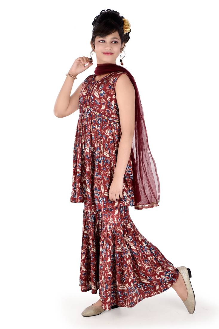 Aura maroon printed alia cut pura crepe kid salwar suit