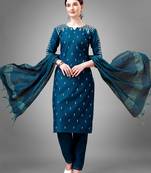 Women embroidered cotton blend blue kurta pant dupatta set