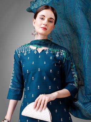 Women embroidered cotton blend blue kurta pant dupatta set 3