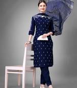 Women embroidered cotton blend navy blue kurta pant dupatta set