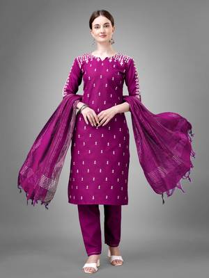 Women embroidered cotton blend purple kurta pant dupatta set 1