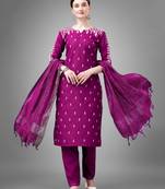Women embroidered cotton blend purple kurta pant dupatta set
