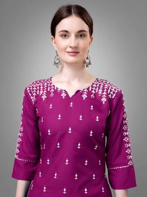 Women embroidered cotton blend purple kurta pant dupatta set 3
