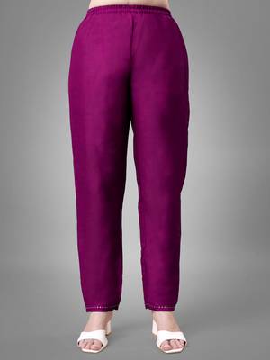 Women embroidered cotton blend purple kurta pant dupatta set 4