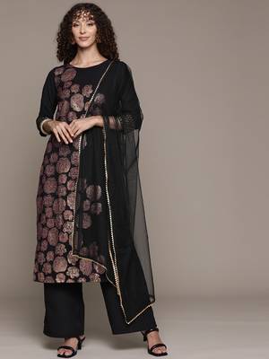 Ziyaa women's black crepe kurta, palazzo and dupatta set 1
