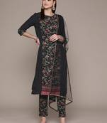 Ziyaa women's black crepe kurta, pant and dupatta set