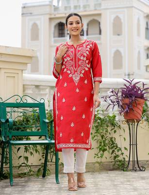Red chikhankari embroidered kurta pant set (set of 2) 1