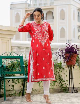 Red chikhankari embroidered kurta pant set (set of 2) 3