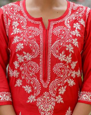 Red chikhankari embroidered kurta pant set (set of 2) 5