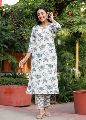 Grey floral print cotton kurta pant set (set of 2) 1