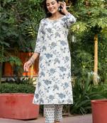 Grey floral print cotton kurta pant set (set of 2)