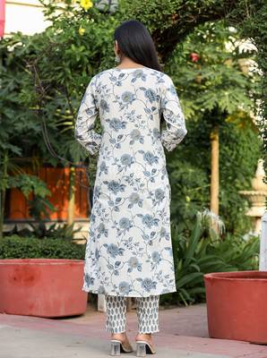 Grey floral print cotton kurta pant set (set of 2) 2