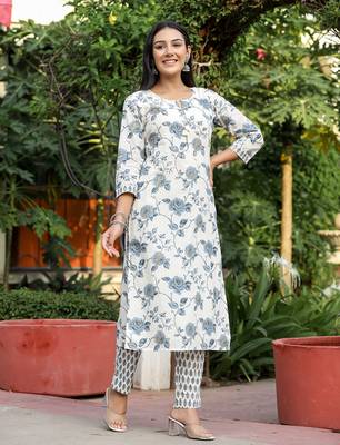 Grey floral print cotton kurta pant set (set of 2) 3