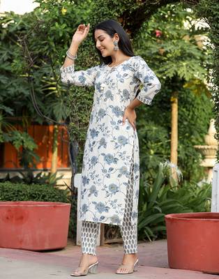 Grey floral print cotton kurta pant set (set of 2) 4