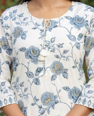 Grey floral print cotton kurta pant set (set of 2) 5
