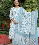 Sky blue floral print cotton kurta pant set with dupatta (set of 3)