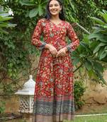 Maroon kalamkari print viscose rayon anarkali dress (set of 1)