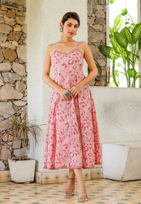 Floral pink hand block print sleeveless dress 1