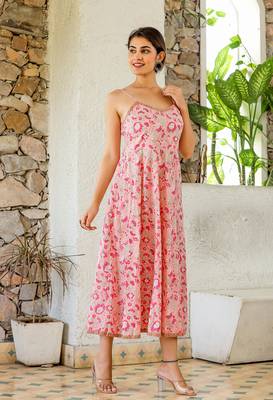 Floral pink hand block print sleeveless dress 3