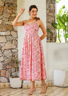 Floral pink hand block print sleeveless dress 4