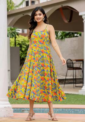 Floral green hand block print sleeveless dress 1