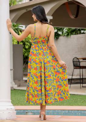 Floral green hand block print sleeveless dress 2