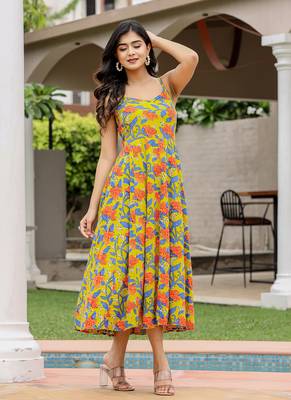 Floral green hand block print sleeveless dress 3