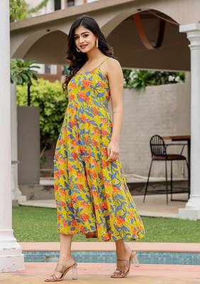 Floral green hand block print sleeveless dress 4