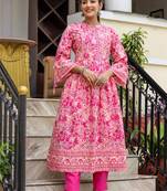 Pink floral print cotton kurta set (set of 2)