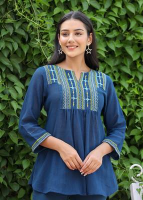 Navy blue embroidered cotton top 1