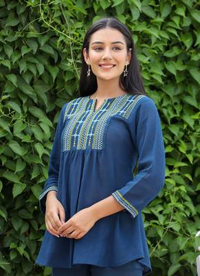 Navy blue embroidered cotton top 4