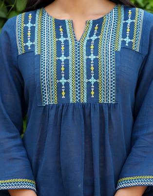 Navy blue embroidered cotton top 5