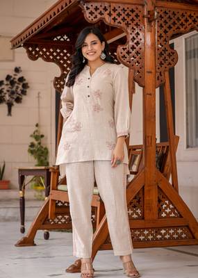 Beige thread embroidered cotton co-rd set (set of 2) 1