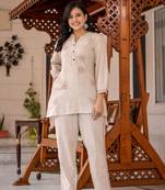 Beige thread embroidered cotton co-rd set (set of 2)