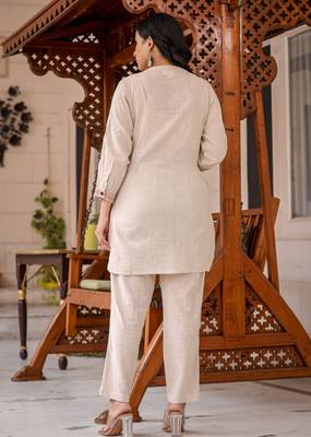 Beige thread embroidered cotton co-rd set (set of 2) 2