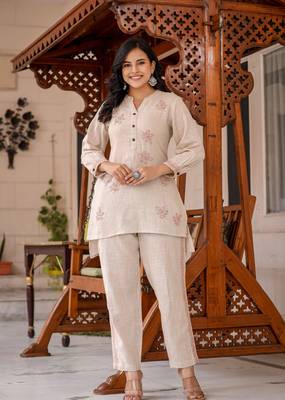 Beige thread embroidered cotton co-rd set (set of 2) 4