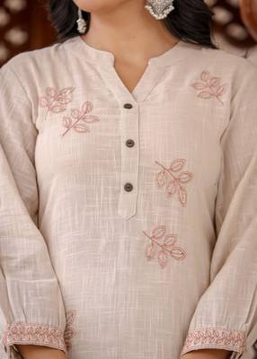 Beige thread embroidered cotton co-rd set (set of 2) 5