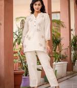 Off white thread embroidered cotton co-rd set (set of 2)