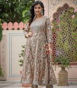 Beige pink cotton embroidered kurta pant set