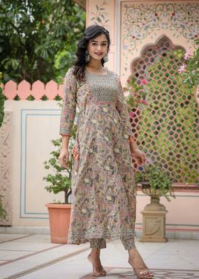 Beige pink cotton embroidered kurta pant set 3