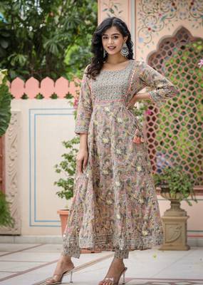 Beige pink cotton embroidered kurta pant set 4