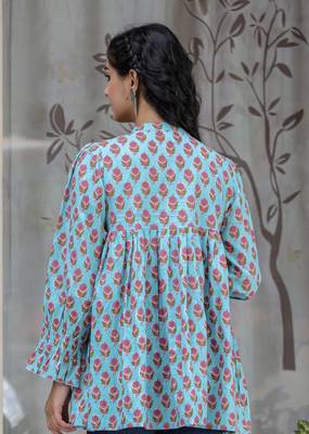 Turqoise pink cotton floral top (set of 1) 2