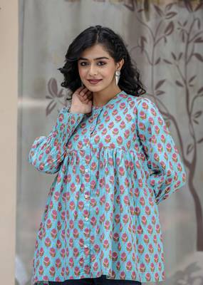Turqoise pink cotton floral top (set of 1) 4