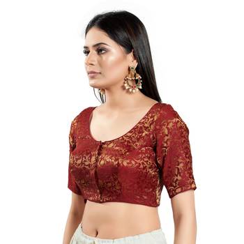 SALWAR STUDIO Women's Maroon Brocade Saree Blouse 2