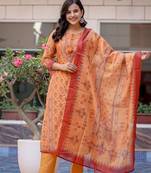 Mustard digital print chanderi kurta pant set with dupatta (set of 3)