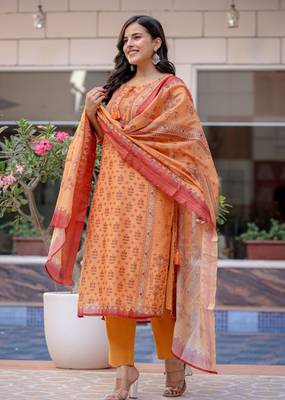 Mustard digital print chanderi kurta pant set with dupatta (set of 3) 3