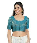 SALWAR STUDIO Women's Blue Brocade Saree Blouse