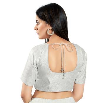 SALWAR STUDIO Women's Silver Brocade Saree Blouse 4